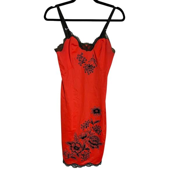 50s 60s Vintage Charmode Deep Orange Black Flocked Floral Lace Slip Dress 32
